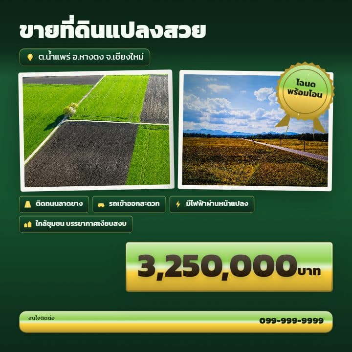 โปสเตอร์ขายที่ดินพร้อมโฉนด แสดงเนื้อที่และราคาต่อตารางวา