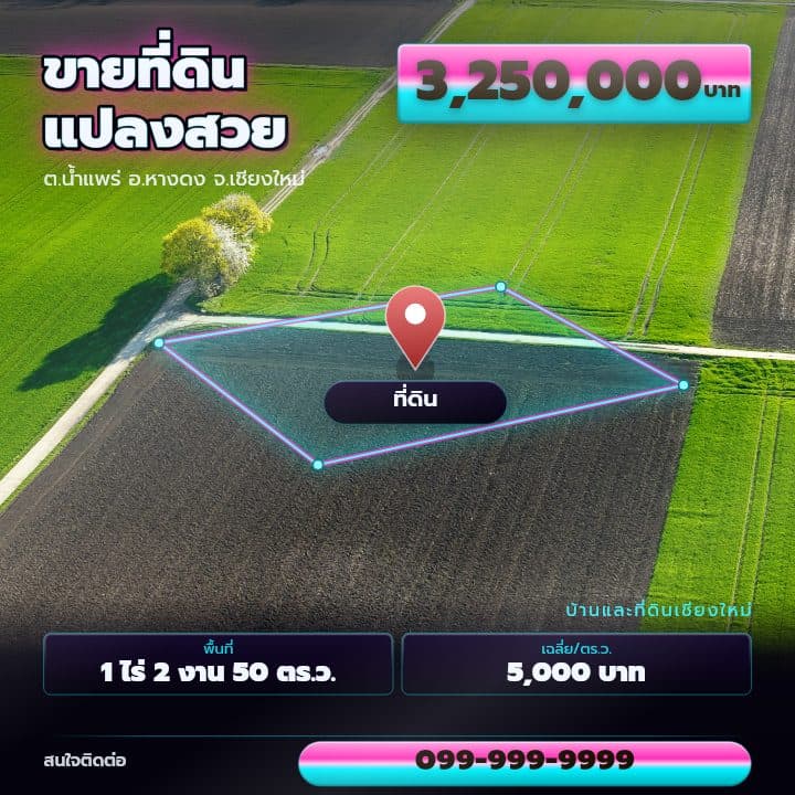 Aerial with plot outline template — example Land listing poster